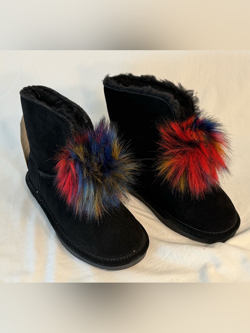 BearPaw Libby P. Black Suede Women's Boot with Multicolor Pom Accent